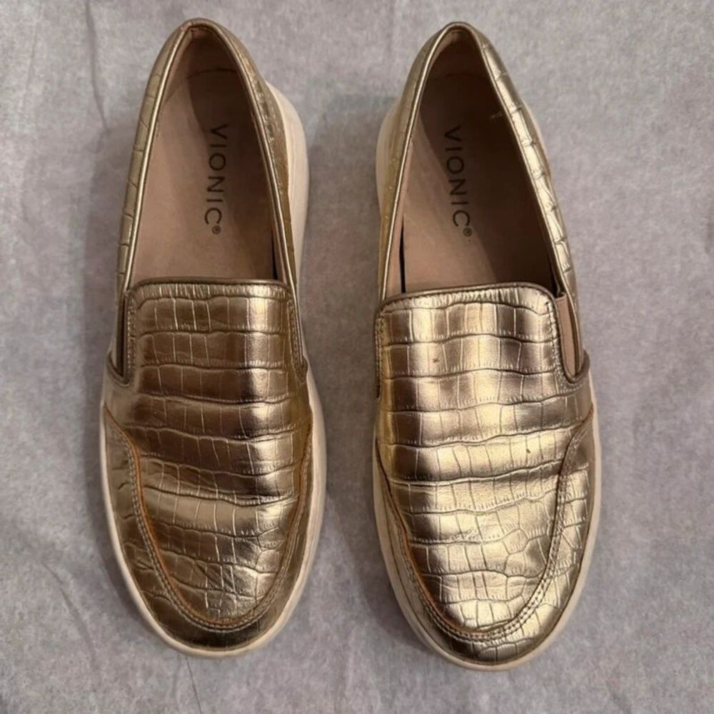 Vionic Dinora Gold Croc Embossed Slip On Platform Sneakers 6M